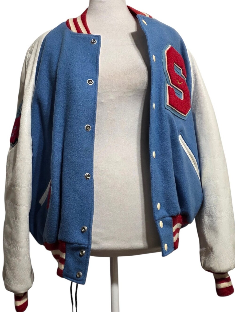 Vtg DeLONG Letterman Varsity Jacket 44 USA Wool Leather Snap Front Bomber